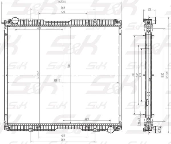 Радиатор охлаждения двигателя S&K GMBH 860 × 990 × 40 мм с рамкой