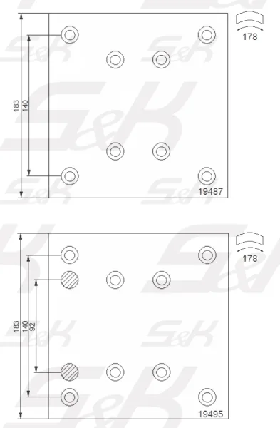 Накладки тормозные S&K GMBH STD 410×183 мм с заклёпками, WVA 19487